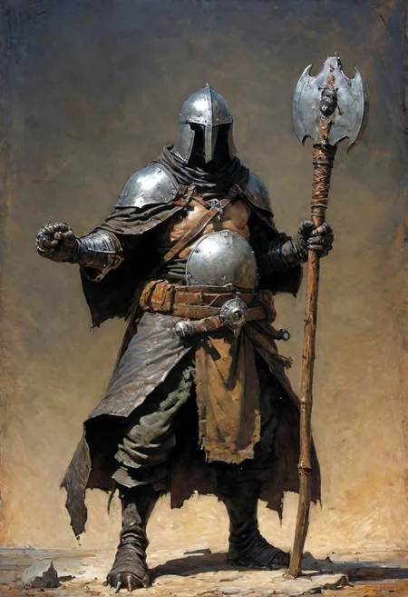 videogame art of (ragged, human barbarian, brigand, holding a giant metal mace,  wearing leather tunic, metal plates and cloth shaped helmet, sewn together), praetorian, warhammer, gothic, legion,  by Jean-Baptiste Monge and Nicola Samori,