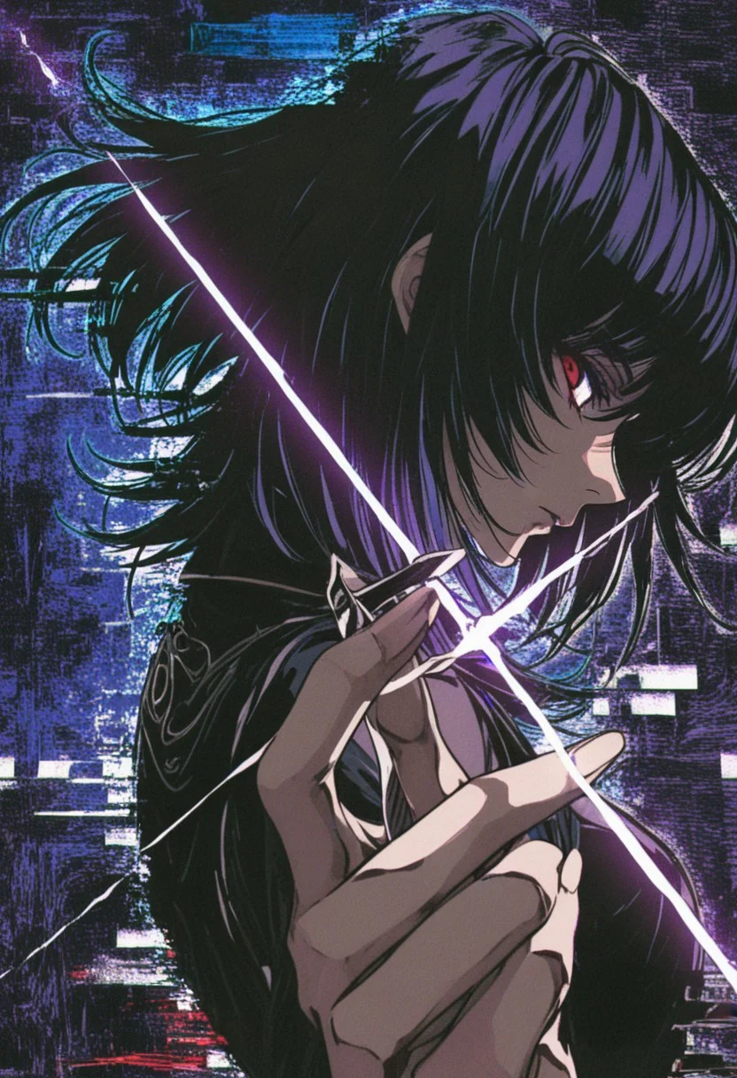 nj \(aura\), ,by ibuki satsuki, medium hair, wolf cut, fingers through hair,, depth, profile, glint, hair flip, foreshortening, glitch art, abstract composition, ink style, ligne claire, outline, vibrant, very awa, masterpiece, best quality, high quality, newest, recent, year 2024, absurdres, clean lines, shinydark_fantasy_style, dark fantasy, retro,