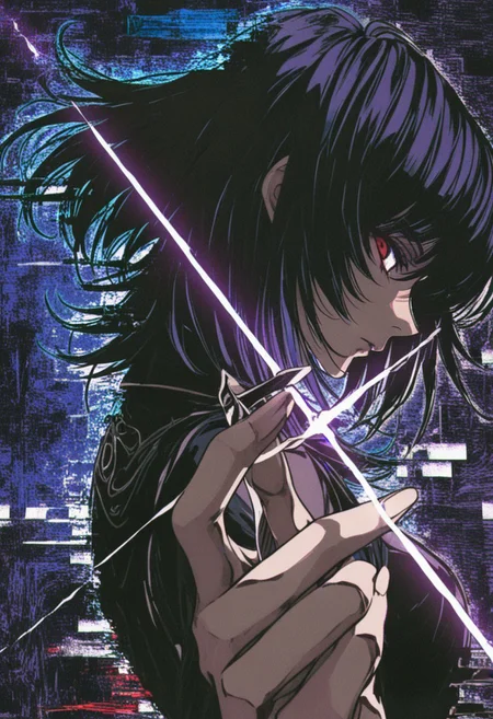 nj \(aura\),  ,by ibuki satsuki, medium hair, wolf cut, fingers through hair,, depth, profile, glint, hair flip, foreshortening, glitch art, abstract composition, ink style, ligne claire, outline, vibrant, very awa, masterpiece, best quality, high quality, newest, recent, year 2024, absurdres, clean lines, shinydark_fantasy_style, dark fantasy, retro,