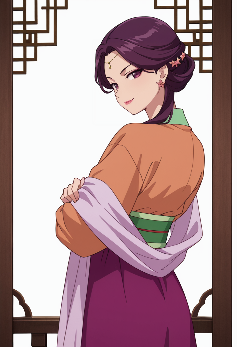 Smooth Quality,masterpiece,very intricate, high quality details, ultra realistic, high detailed skin,detailed enviorement,absurdres,
partially undressed, 
 <lora:Yinghua_CNR:0.8> yinghuacnr, purple hair,  purple eyes, yinghua_orange_cnr, hanfu, japanese clothes,long sleeves, sash, shawl,earrings,hair ornament, makeup, lipstick,, simple background, white background, from behind,
standing, arms crossed, head tilt, serious, balanced stance, confident,  ,seductive smile,