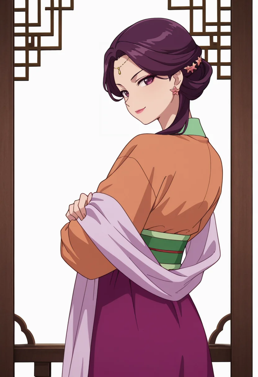 Smooth Quality,masterpiece,very intricate, high quality details, ultra realistic, high detailed skin,detailed enviorement,absurdres,
partially undressed,
<lora:Yinghua_CNR:0.8> yinghuacnr, purple hair, purple eyes, yinghua_orange_cnr, hanfu, japanese clothes,long sleeves, sash, shawl,earrings,hair ornament, makeup, lipstick,, simple background, white background, from behind,
standing, arms crossed, head tilt, serious, balanced stance, confident, ,seductive smile,