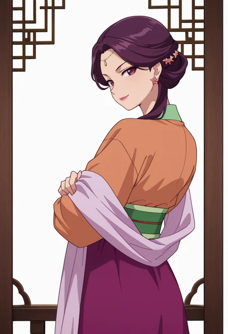 Smooth Quality,masterpiece,very intricate, high quality details, ultra realistic, high detailed skin,detailed enviorement,absurdres,
partially undressed,
<lora:Yinghua_CNR:0.8> yinghuacnr, purple hair, purple eyes, yinghua_orange_cnr, hanfu, japanese clothes,long sleeves, sash, shawl,earrings,hair ornament, makeup, lipstick,, simple background, white background, from behind,
standing, arms crossed, head tilt, serious, balanced stance, confident, ,seductive smile,