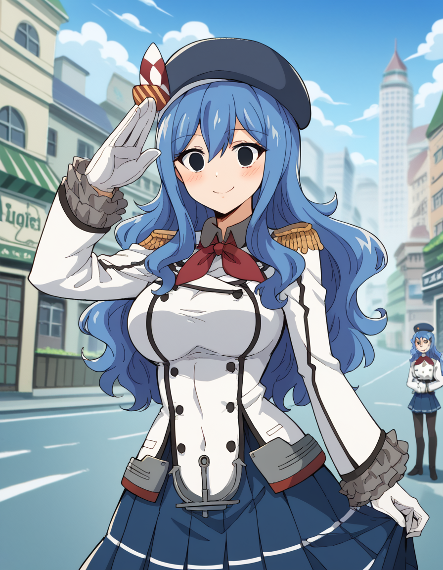 score_9, score_8_up, score_7_up, source_anime, <lora:juvia-lockser-100yq-ponyxl-lora-nochekaiser:1>, juvia lockser, long hair, large breasts, hair between eyes, blue hair, black eyes, empty eyes,, <lora:kashima-cosplay-ponyxl-lora-nochekaiser:1>, kashimacosplay, kashima (kancolle) (cosplay), beret, buttons, epaulletes, frilled sleeves, frills, gloves, grey skirt, hat, jacket, long sleeves, military, military uniform, miniskirt, pleated skirt, neckerchief, red neckerchief, skirt, uniform, white gloves, white jacket,, cityscape, street, smile, blush, salute, , dutch angle,