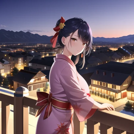 aime, masterpiece, best quality, ((mature woman)), ((big breasts)), ((nsfw)), yukata, (breasts out), ((small breasts)), looking at viewer, (breast focus), standing, leaning on rail, solo, aerial fireworks, aurora, (balcony), building, bush, castle, chimney, christmas, christmas lights, christmas tree, city, city lights, cityscape, cloud, cloudy sky, dusk, fireworks, full moon, gradient sky, house, lamppost, landscape, lantern, light, light particles, light rays, lights, moonlight, mountainous horizon, night, night sky, pillar, pine tree, purple sky, scenery, shooting star, shore, sky, skyline, skyscraper, snow, snowing, starry background, starry sky, steam, tower, town, tree, twilight, window, winter, wooden fence, intricate details