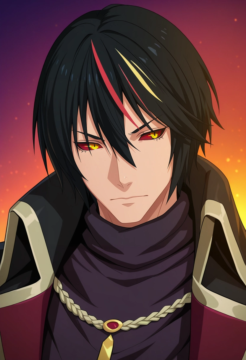 masterpiece, best quality, intricate details, (3d:0.4),, 1boy, solo, male focus, <lora:diablo_tensura_ilxl:0.9>, diablo_tensura, black hair, yellow eyes, multicolored hair, streaked hair, red hair, hair between eyes, colored sclera, ,
