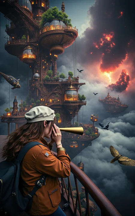 A vivid steampunk scene above the clouds in the floating city of Ishtar,centered on a female watcher with a mechanical arm and an old pilot suit,standing atop a colossal gear tower. She peers into a thunderstorm with a brass telescope. Behind her,flying whale-shaped airships carry glass domes filled with ancient plants,circling the glowing mechanical heart that powers the city. The background glows with crimson light from steam vents and rotating gear circuits,while electric arcs dance across a storm beast shaped like a dragon. Feathered mechanical doves dart through the clouds carrying scrolls. A mechanical angel with golden wings awakens in the misty distance. (vivid style, cinematic lighting, wide angle, high detail).,<lora:aidmaMJ6.1_v0.5_3:0.6>,aidmaMJ6.1,<lora:detailifier_sd3.5:1>,detailifier,