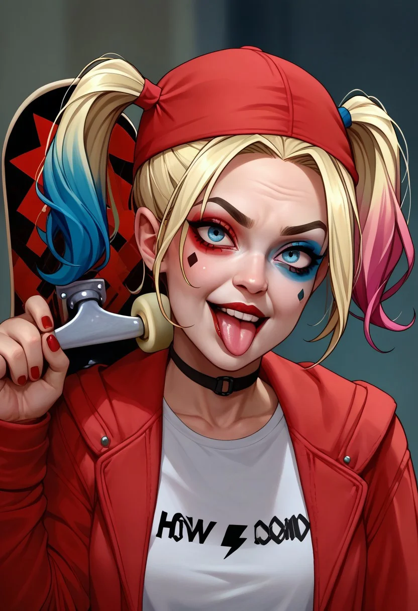score_9, score_8_up, score_7_up, 1girl, holding skateboard, upper body, red jacket, red headwear, hood, <lora:HowDoYouDoFellowKidsMeme_pdxl_Incrs_v1:1>, Harley Quinn tongue out cheeky