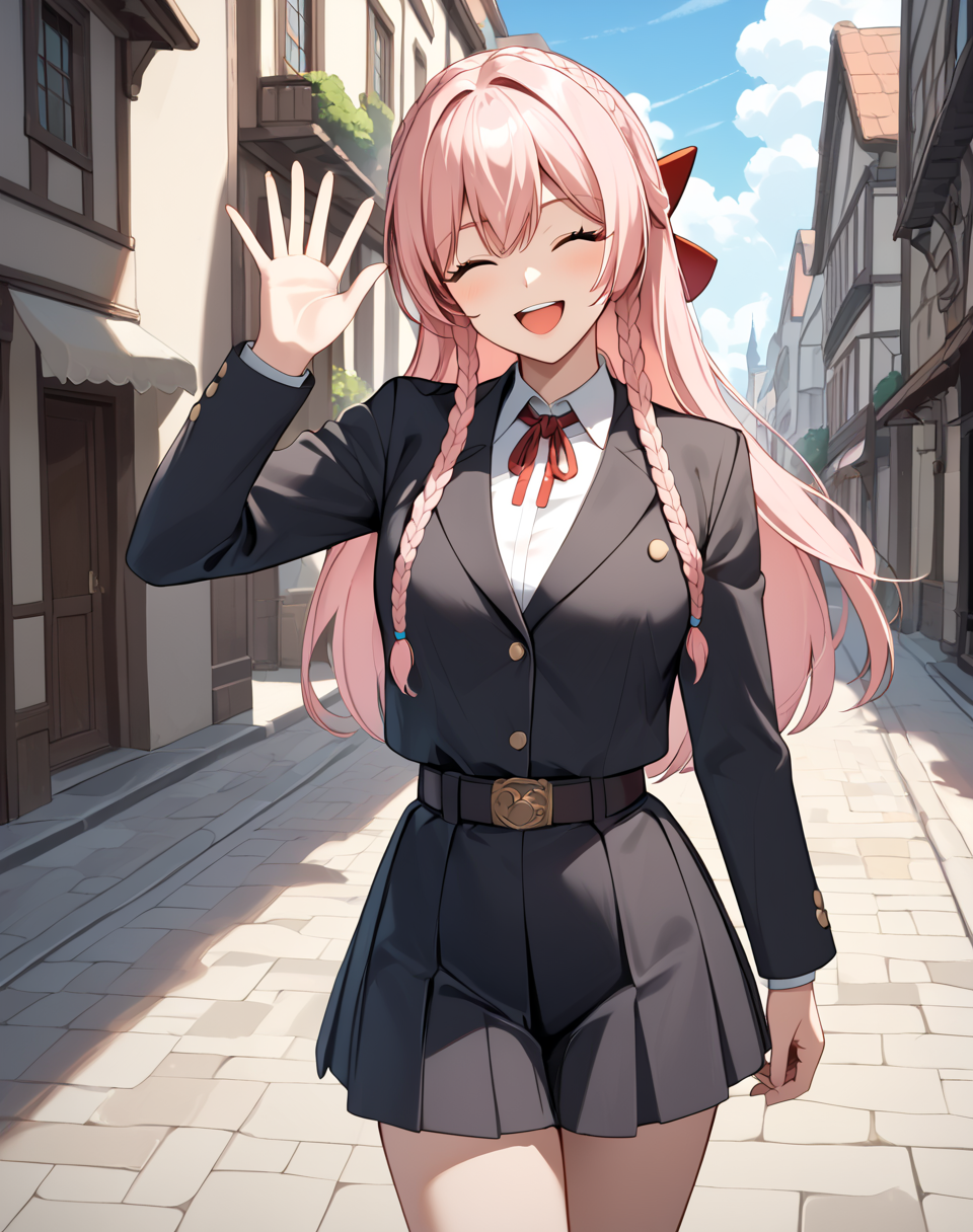 janica_faylover, pink hair, long hair, crown braid, side braids, closing eyes, braid, 1girl, twin braids, white shirt, long sleeves, academy school uniform, red hair bow, red neck ribbon,black skirt, pleated skirt, black jacket, belt,BREAK outdoors, city street, medieval BREAK cowboy shot, looking at viewer, standing,open mouth, happy smile, flirty, waving BREAK, score_9, score_8_up, score_7_up, source_anime ,zPDXL, <lora:Janica_Faylover_pony:0.8>