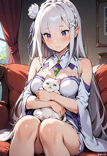 1girl, solo, emilia \(re:zero\), sitting, cute cat in lap, masterpiece, best quality, re:zero kara hajimeru isekai seikatsu