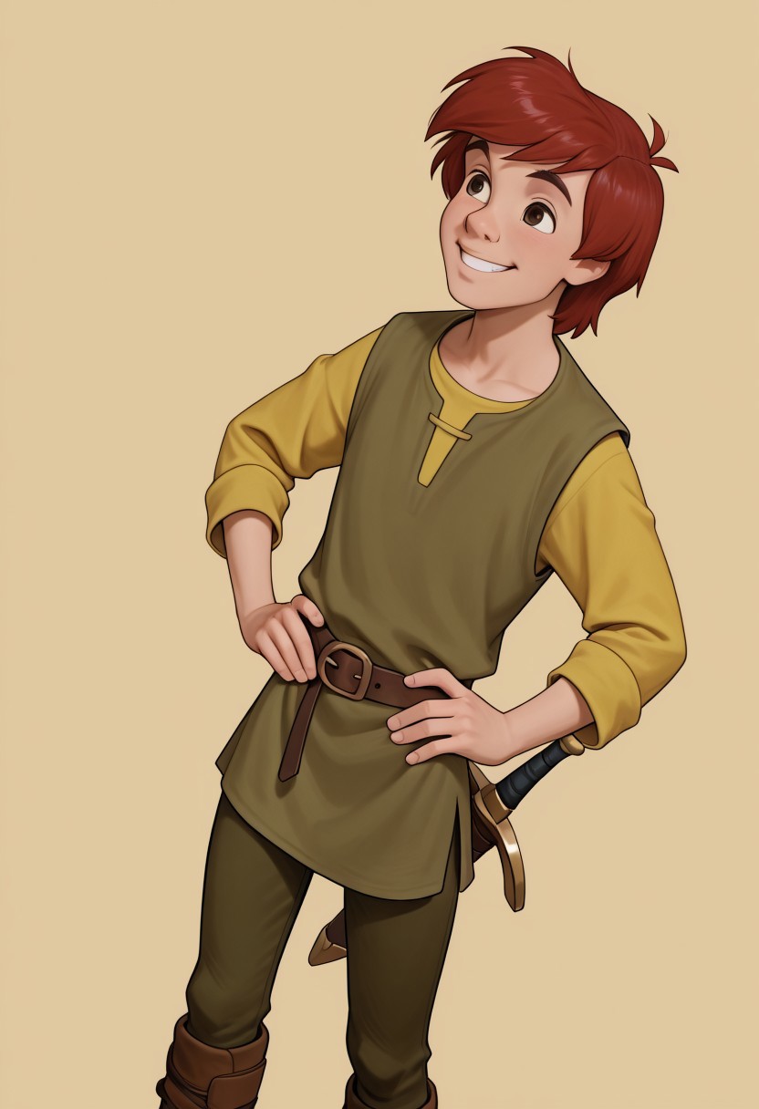 masterpiece, absurdres, high quality, perfect anatomy, 1boy, solo, cute boy, male focus, Taran, Red Hair, Brown Eyes, Green Vest, Long Sleeve Yellow Shirt, Green Pants, Brown Boots, sword in sheath, sheath, hands on hips, smiling, portrait, cinematic, intricately detailed illustration, depth of field, masterpiece, best quality, amazing quality, very aesthetic, absurdres, newest, very awa,  shadow, dynamic angle, casual cosplay, dynamic pose, simple background,