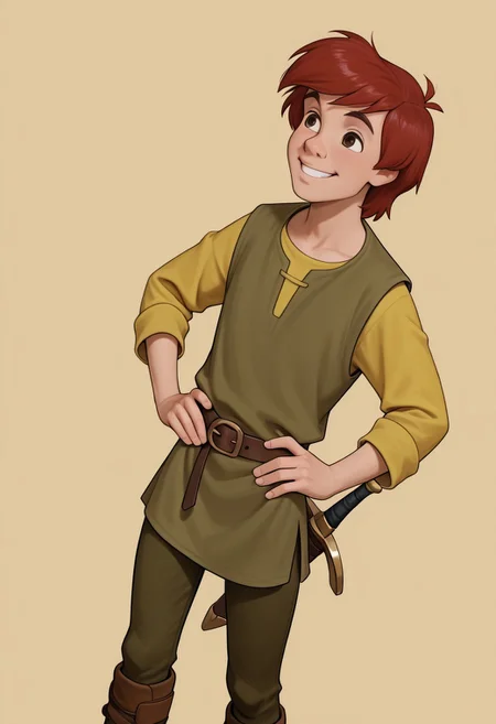 masterpiece, absurdres, high quality, perfect anatomy, 1boy, solo, cute boy, male focus, Taran, Red Hair, Brown Eyes, Green Vest, Long Sleeve Yellow Shirt, Green Pants, Brown Boots, sword in sheath, sheath, hands on hips, smiling, portrait, cinematic, intricately detailed illustration, depth of field, masterpiece, best quality, amazing quality, very aesthetic, absurdres, newest, very awa,  shadow, dynamic angle, casual cosplay, dynamic pose, simple background,