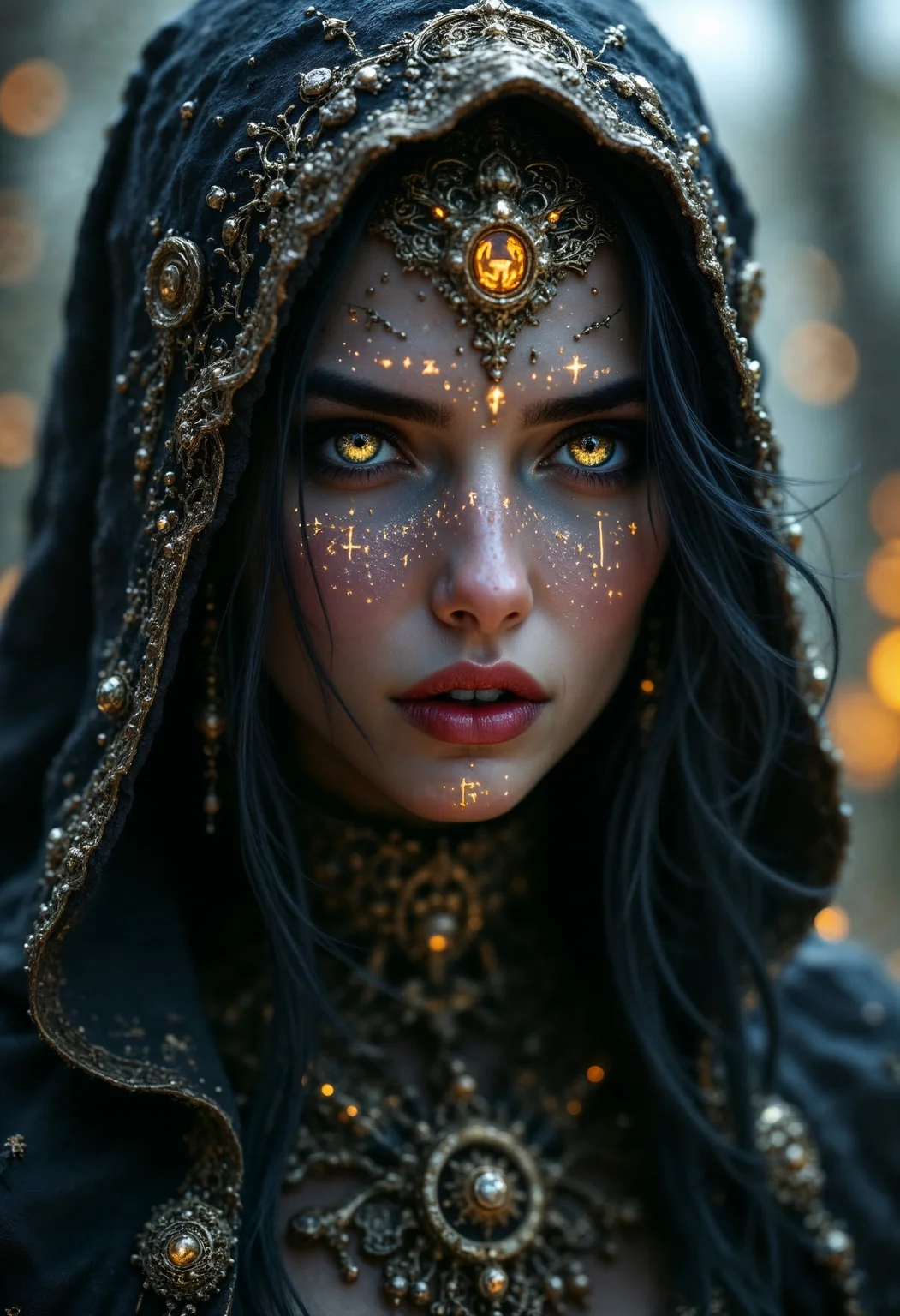 hyperrealism, elven girl, a stunning photo of a gorgeous necromancer female Aerenal Elf, gold and black robes, face warpaint, skull face paint, gorgeous, 8k HD, detailed skin texture, ultra realistic, textured skin,. (maximum ultra high definition image quality and rendering:3), maximum image detail, maximum realistic render, (((ultra realist style))), realist side lighting, , 8K high definition, realist soft lighting, (amazing special effect:3.5) <lora:aidmaFLUXpro1.1:1> aidmafluxpro1.1