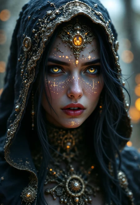hyperrealism, elven girl, a stunning photo of a gorgeous necromancer female Aerenal Elf, gold and black robes, face warpaint, skull face paint, gorgeous, 8k HD, detailed skin texture, ultra realistic, textured skin,. (maximum ultra high definition image quality and rendering:3), maximum image detail, maximum realistic render, (((ultra realist style))), realist side lighting, , 8K high definition, realist soft lighting, (amazing special effect:3.5) <lora:aidmaFLUXpro1.1:1> aidmafluxpro1.1