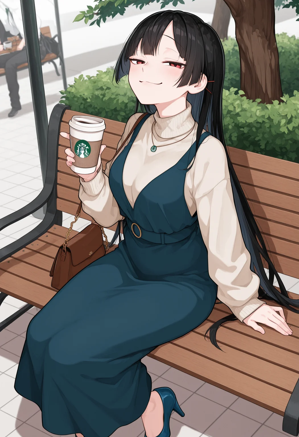 1girl,, woman, smile, blue highheels, looking at viewer, 8k, very awa, detailed face, detailes hands, cg, smug, single tree, coffee, m1yuk1, red eyes, very long hair, black hair, hairclip, sweater, dress, turtleneck, sitting, on bench, shoulder bag, cup of coffee,, masterpiece, best quality, amazing quality, high resolution,