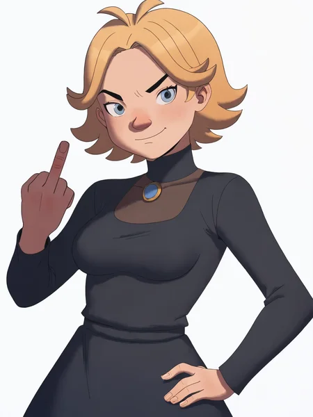 score_9, source_anime, masterpiece, high quality, BREAK, white background, 1girl, <lora:Margu_PDXLv0:0.8> margu, short hair, (adult:1.4, aged up:1.4), medium breasts, blonde hair, [mature female:0.65], black dress, middle finger,