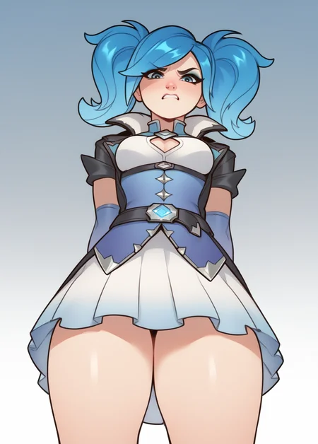 score_9, score_8_up, score_7_up, score_6_up, score_5_up, source_anime,
BREAK
1 girl, solo, Evie_Paladins, evie outfit, low angle, disgusted, looking at viewer, white skirt, big thighs, different lenght gloves, hands behind back
BREAK
gradient background, <lora:EviePaladins3:0.8>