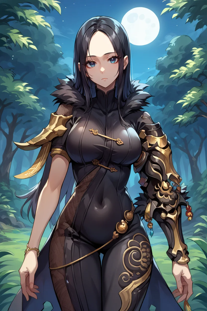 score_9, score_8_up, score_7_up, score_6_up, source_anime BREAK 1girl, solo <lora:jinsoyun-pdxl-nvwls-v1-000007:1> jinsoyun, black hair, black bodysuit, shoulder armor, fishnet, single gauntlet, bracelet, (big breasts:0.7), looking at you, expressionless, night sky, forest