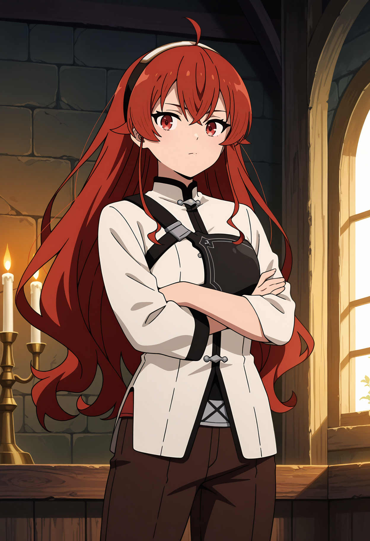 anime screencap, masterpiece, best quality,
<lora:MushokuTensei_ErisBoreasGreyrat_IlluXL:0.9>,
1girl, solo, closed mouth, expressionless,
red hair, long hair, ahoge, crossed bangs, red eyes, hairband,
ErisKnightDress, white jacket, asymmetrical clothes, black chest protector, brown pants,
looking at viewer, standing, crossed arms, cowboy shot,
indoors, fantasy, wood, candle