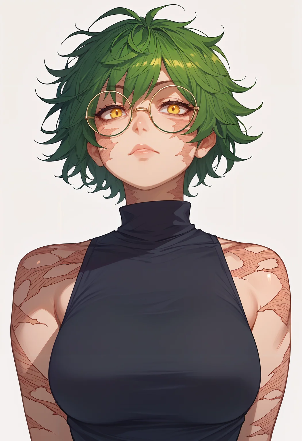 score_9,score_8_up,score_7_up,score_6_up,<lora:maki zenin pdxl goofy:1>maki zenin, 1girl, solo, glasses, scar,large breasts, round eyewear, short hair,messy hair,green hair,yellow eyes,portrait,upepr body,black turtleneck, sleeveless, white background,