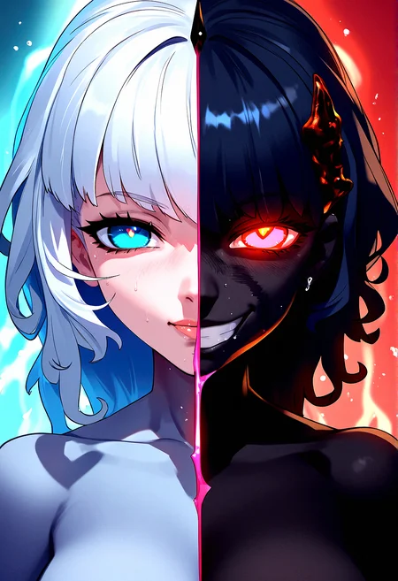Symmetrical dual nature character, A female character with one half angelic with silver hair, blue eyes on the left with calm expression and the other demonic with black hair with evil grin, glowing red eyes on the right , featuring glowing eyes and a split screen
