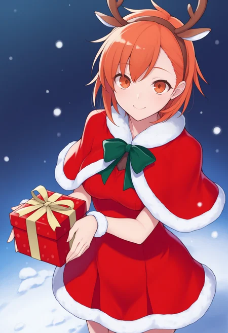 masterpiece, best quality, solo, 1girl, smile, looking at viewer,  <lora:Yuzu-illus_Fp:1>, yuzu, short hair, orange hair, orange eyes, santa costume, fake antlers, fur trim, capelet, bow, snow, gift,