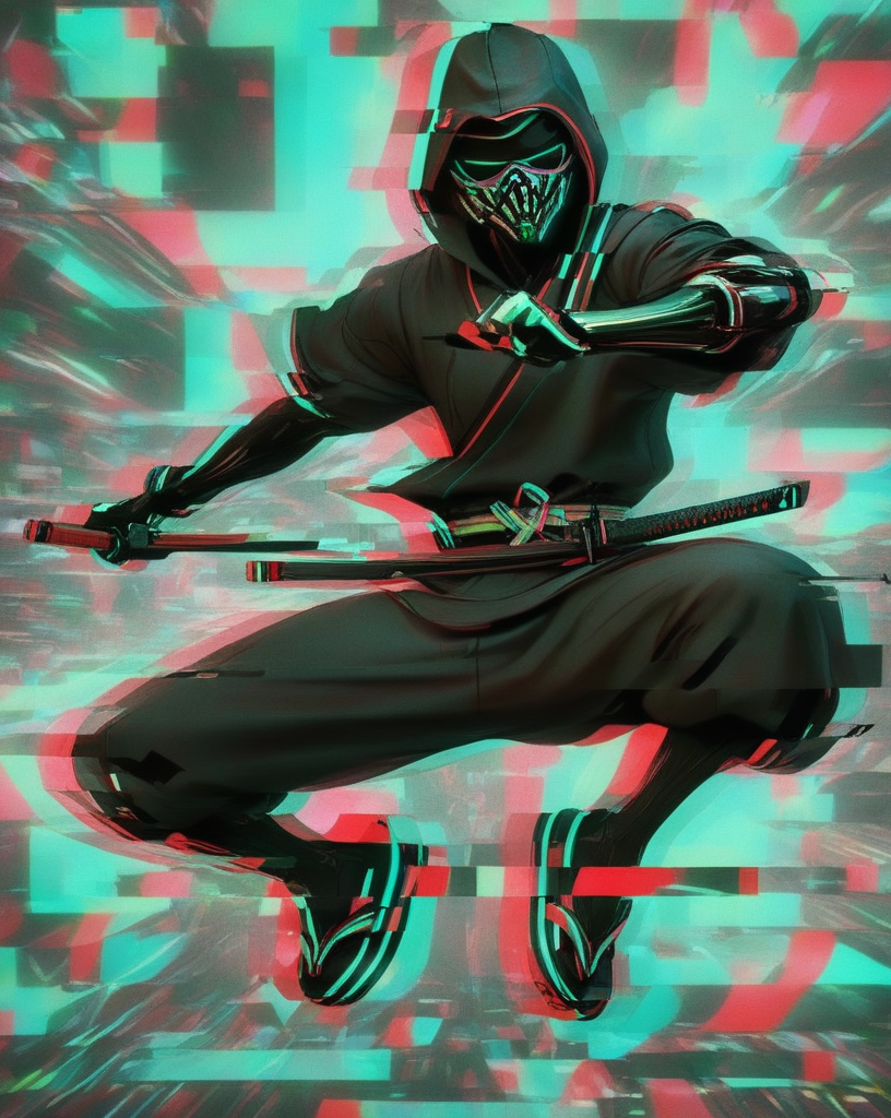 a ninja assassin, covered in black cybernetic armor, wearing a traditional black ninja fukumen-zukin mask, jump, carrying a katana, wearing black traditional Jika-tabi shoes, colorful neon abstract background, bold lines, intricate details, hyper detailed, very detailed, high resolution, sharp, sharp image, 4k, 8k, masterpiece, best quality, 
 <lora:drunken-fist03:0.4> fight stance, <lora:xl-shanbailing-1213Glitch_effect:0.7> bailing_glitch_effect, <lora:xl_yamer_style-3.0:0.5> yamer style