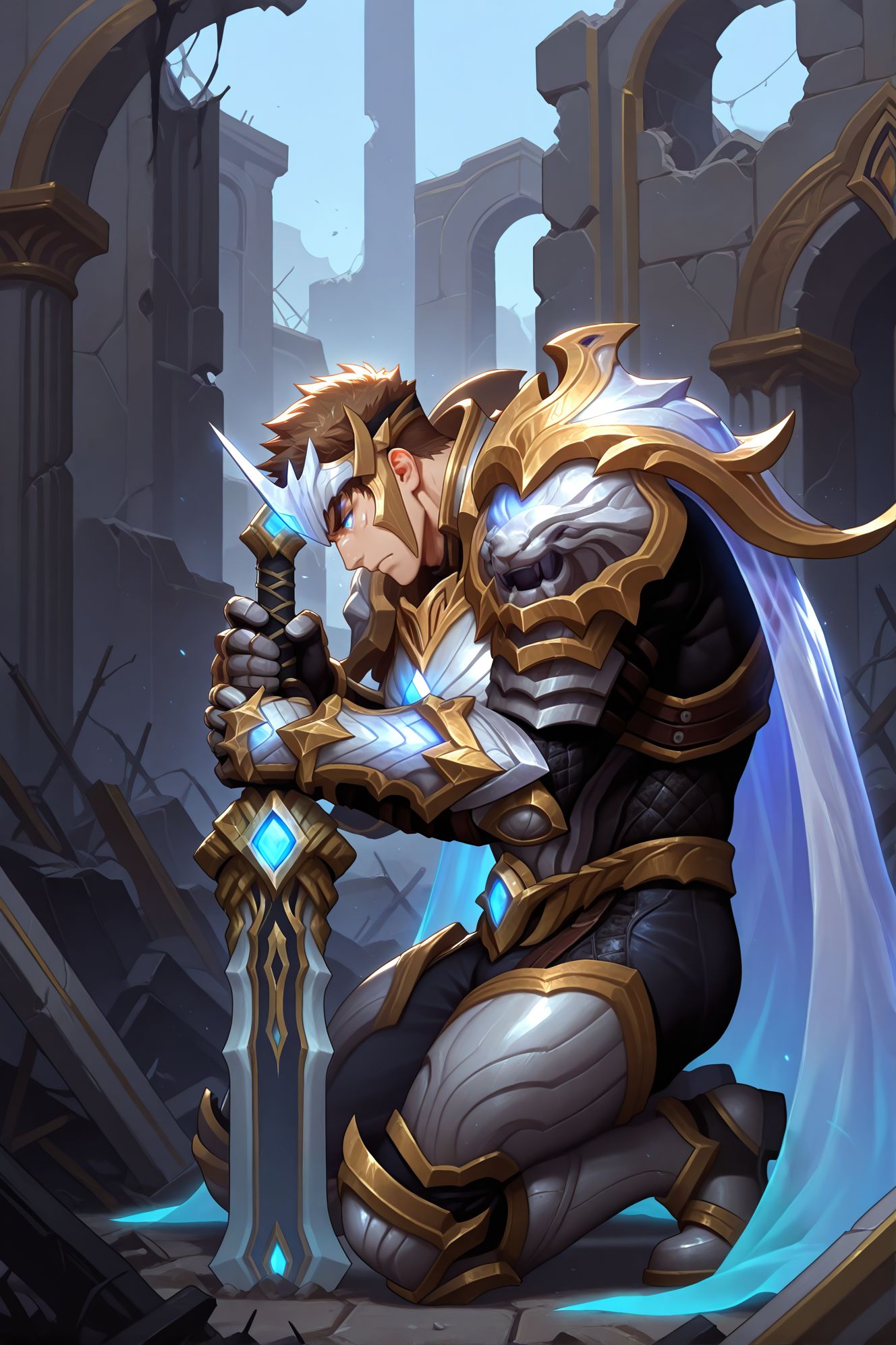 1boy,blue eyes,glowing eyes,brown hair,muscular male,mature male,bara,upper body BREAK
(masterpiece, best quality, high quality, absurdres, high detail),(1boy,solo,mature male) BREAK
holding sword,planted sword,kneeling,head down,from side,darkness,ruins,
god-king_garen,god-king armor,god-king helmet,shoulder armor,gauntlets,transparent cape,armor,cape,helmet,
<lora:hand 5.5:1>,<lora:add-detail-xl:1>,<lora:4k:1>,<lora:god-king__garen:0.8>,<lora:sn0w:1>,, <lora:Expressive:0.8>,