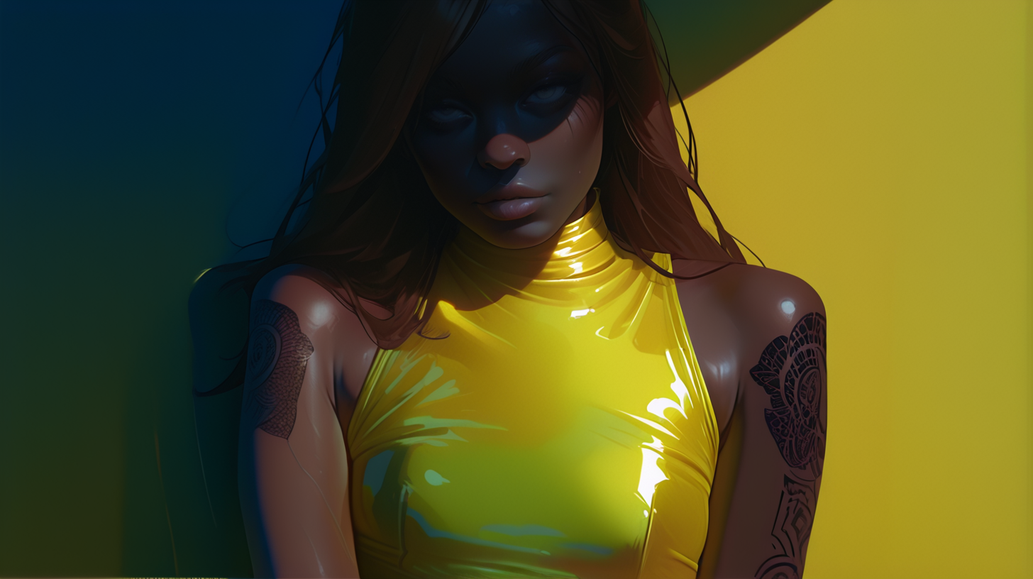L1ghtm4k3r, 1girl, solo, grey eyes, light skin, shading,long hair, brown hair, plump delicate lips, upper body, yellow latex sleeveless, arm tattoos, shade, looking at viewer, bare shoulders, shadow, yellow soft bright light diagonally lighting scene with blue hard shadows covering the other half of the image <lora:LightMaker:1.3>