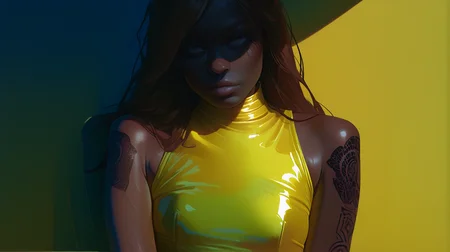 L1ghtm4k3r, 1girl, solo, grey eyes, light skin, shading,long hair, brown hair, plump delicate lips, upper body, yellow latex sleeveless, arm tattoos, shade, looking at viewer, bare shoulders, shadow, yellow soft bright light diagonally lighting scene with blue hard shadows covering the other half of the image <lora:LightMaker:1.3>