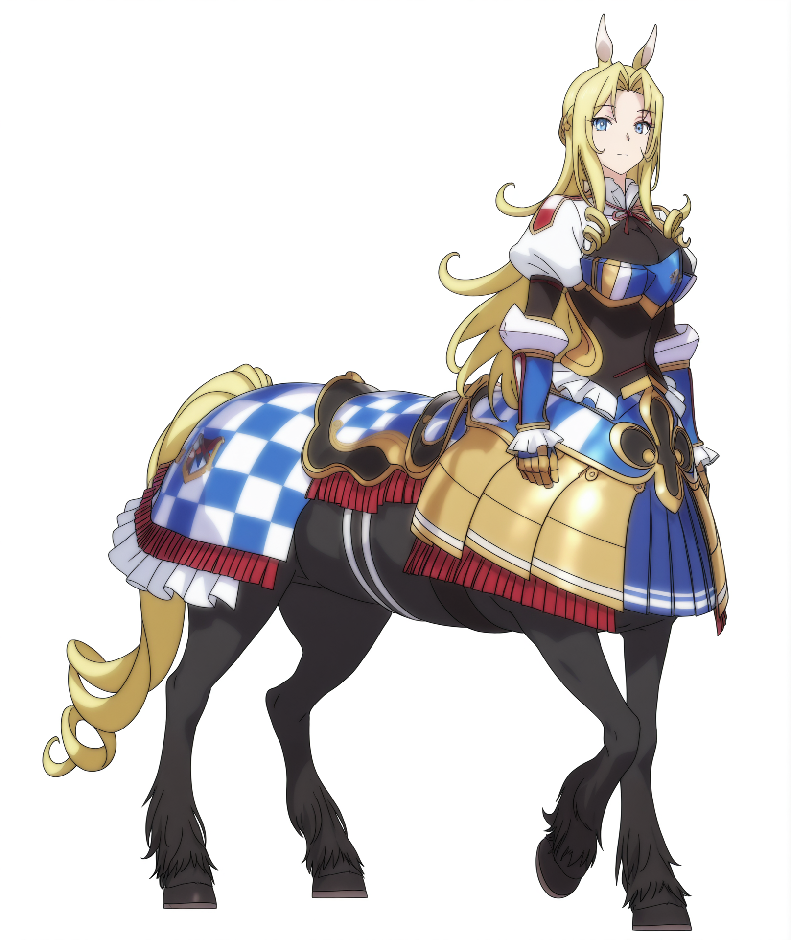 official art, absurdres, highres, anime coloring, hi res, best quality, masterpiece, 2d, intricate details, 4k,
1girl, solo, long hair, blue eyes, blonde hair, animal ears, tail, sidelocks, parted bangs, drill hair, horse ears, monster girl, horse tail, taur, drill locks, centaur, 
breasts, gloves, long sleeves, puffy sleeves, armor, juliet sleeves,  gauntlets, breastplate, armored dress, boobplate, skirt, pleated skirt, saddle, black horse, 
looking at viewer, 
white background, <lora:Tisalia_Scythia_(Character)_ILXL:1>