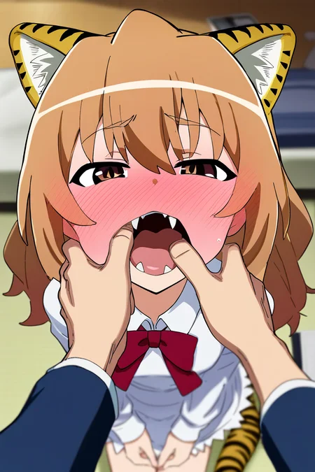 score_9, score_8_up, score_7_up, rating_safe BREAK
1girl, aisaka taiga, brown hair, hair between eyes, brown eyes, full face blush, looking away, (tiger:0.8) animal ears, white dress, tail, open mouth, pov, hand on anothers mouth, teeth inspection, (tongue:0.6), fangs, living room