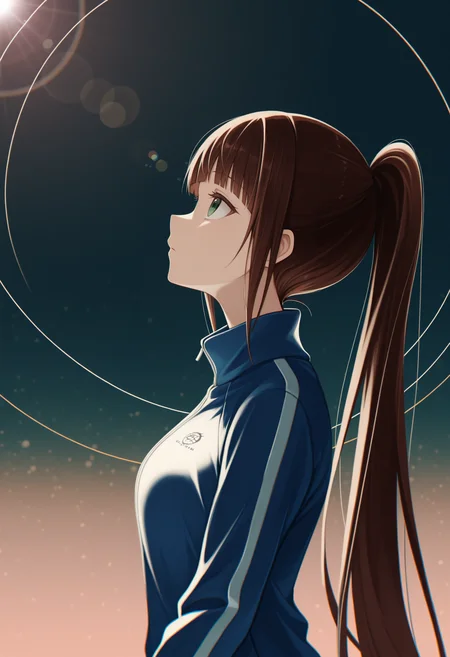 masterpiece, best quality, 1girl, solo, Rur1Miyam0to, green eyes, brown hair, very long hair, ponytail, bangs, track suit, from side, looking up, heavy lens flare, profile, shadow, chromatic aberration, fil grain, abstract background, <lora:ChamRuriMiyamotoNoob:1>