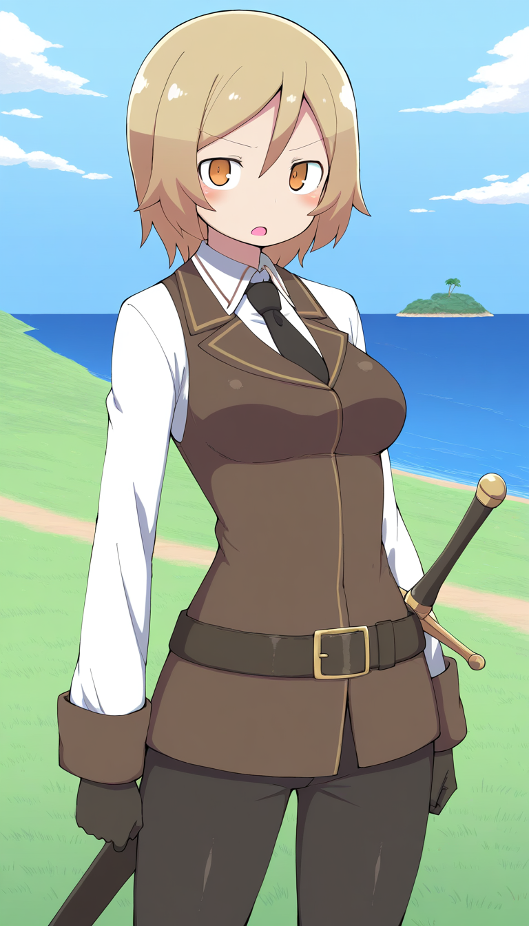 general,highres, ultra-detailed,very aesthetic,best quality ,best hands,  BREAK  <lora:Moka_margaret_IS:1>Moka_margaret, 1girl, short hair, blonde hair, brown hair, orange eyes, breasts,
solo, gloves, necktie, black gloves, weapon, black necktie, vest, long sleeves, shirt, open mouth, sword, sheath, 
cowboy shot, collared shirt, white shirt, pants,  looking at viewer, sheathed, arms at sides, standing, bangs, pantyhose, brown vest, black pants,
island, grass,