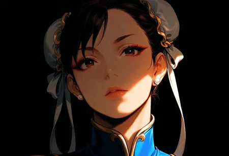 1girl, chun li,  solo, dark,  masterpiece, best quality, very aesthetic,  close up,  hair bun