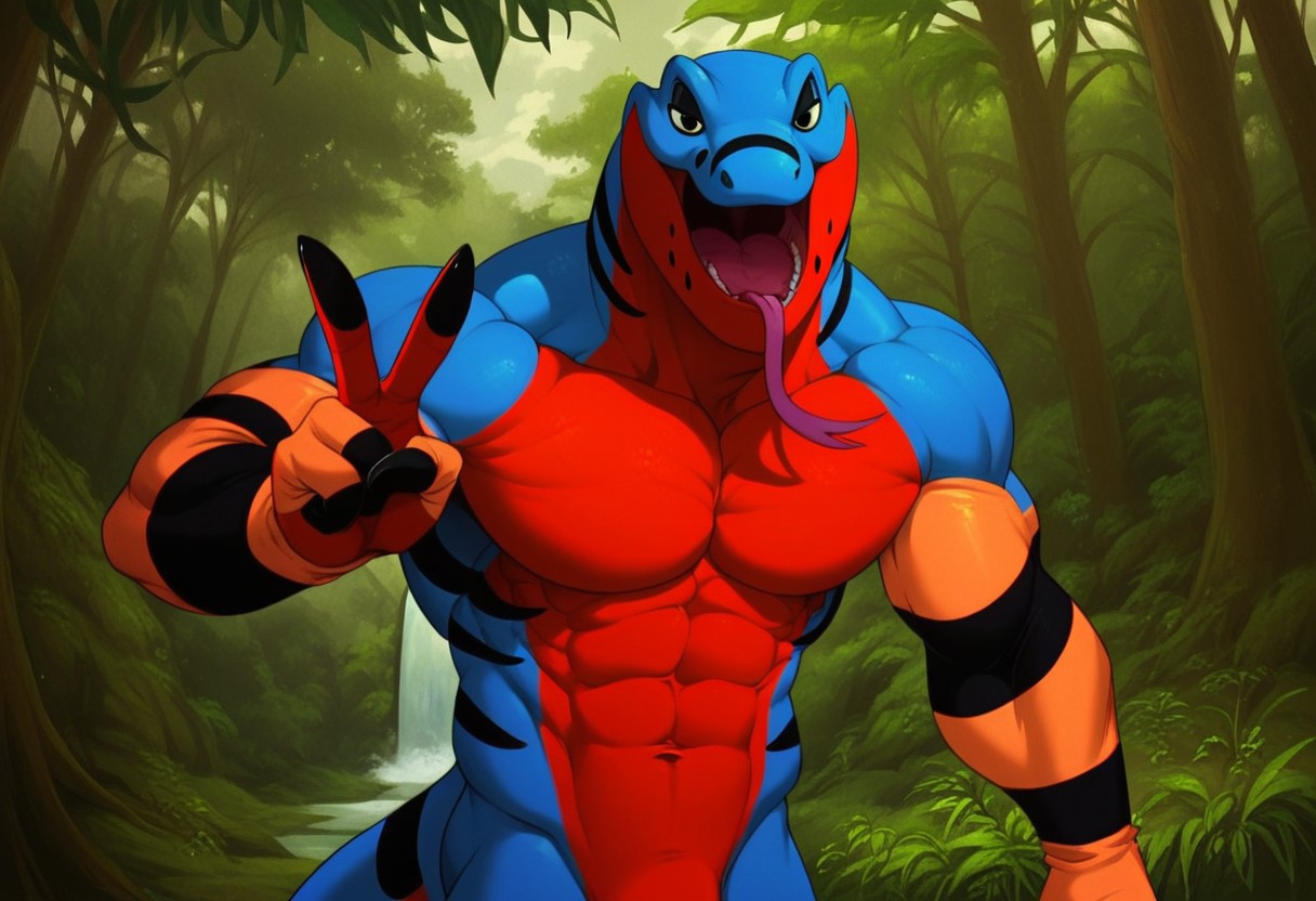 score_9, score_8_up, score_7_up, Expressiveh, masterpiece, best quality, highly detailed, realistic, (zPDXL3), 1boy, solo, (furry, anthro, scalie, blue body, red body, two tone body, black stripes, black eyes, orange arms, black claws, upper body, muscular male, abs, forked tongue), smile, open mouth, peace sign, standing, looking at viewer, forest, waterfall, grass, detailed background, uncensored