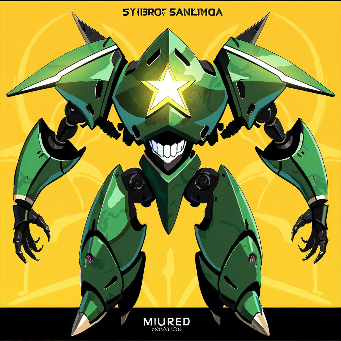 8k, best quality, masterpiece, (ultra-detailed:1.1), 
<lora:jijiav2-a3-Tanger:0.8>, jijia, 2d, anime, no humans, robot, mecha, solo, glowing, standing, shadow, character name, open hands, yellow background, one-eyed, science fiction, straight-on, glowing eye, teeth, a drawing of a robot with glowing eyes, a poster of a green robot with a glowing star,
