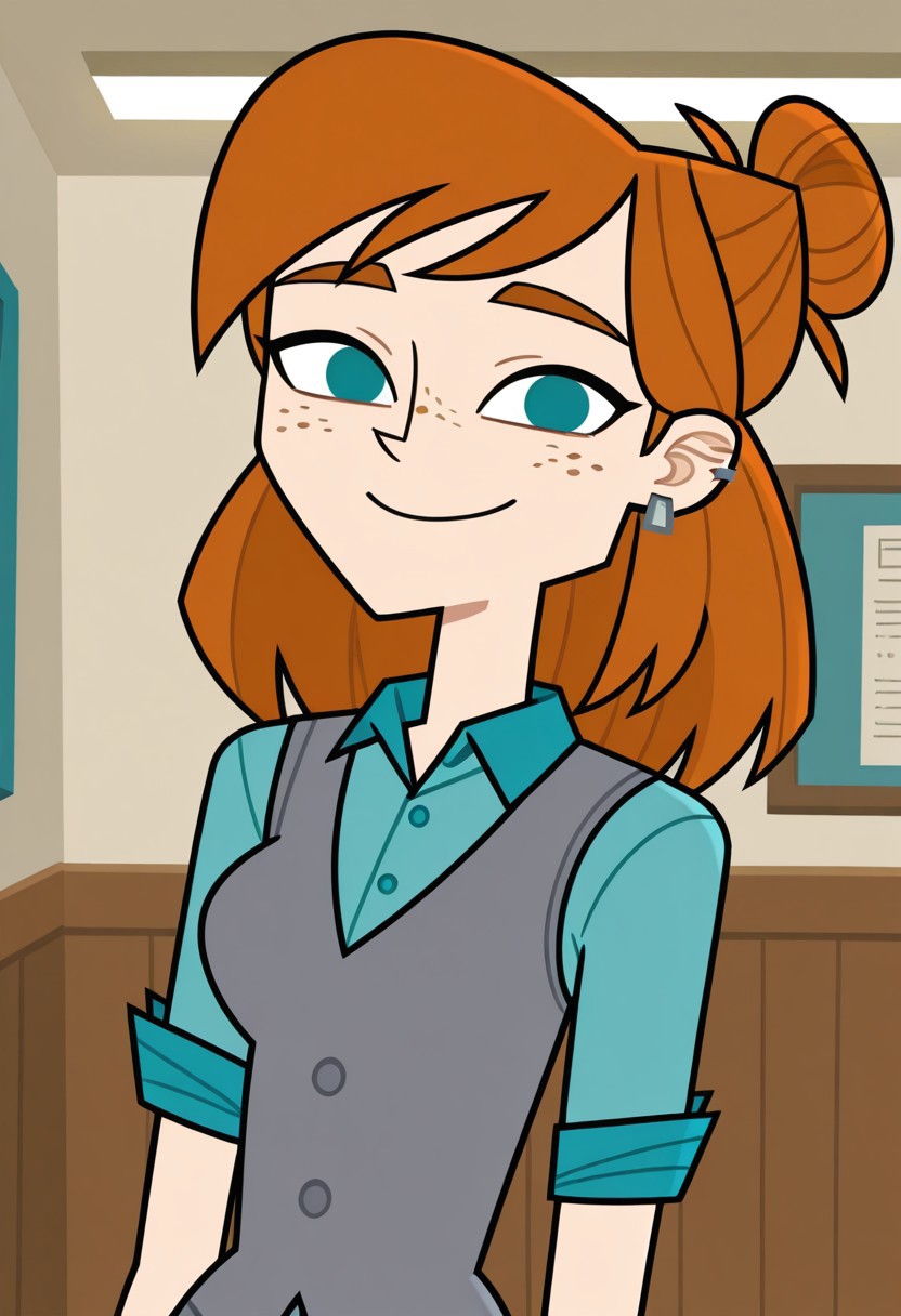 score_9,score_8_up,score_7_up, 1girl, solo, Ellie_DC_IL, pale skin, teal eyes, freckles, orange hair, shoulder-length hair, hair bun, silver earrings, grey vest buttoned, turquoise undershirt rolled up sleeves, looking at viewer, indoors, room background, (portrait) smile, standing, no pupils