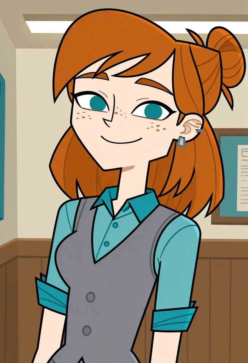 score_9,score_8_up,score_7_up, 1girl, solo, Ellie_DC_IL, pale skin, teal eyes, freckles, orange hair, shoulder-length hair, hair bun, silver earrings, grey vest buttoned, turquoise undershirt rolled up sleeves, looking at viewer, indoors, room background, (portrait) smile, standing, no pupils