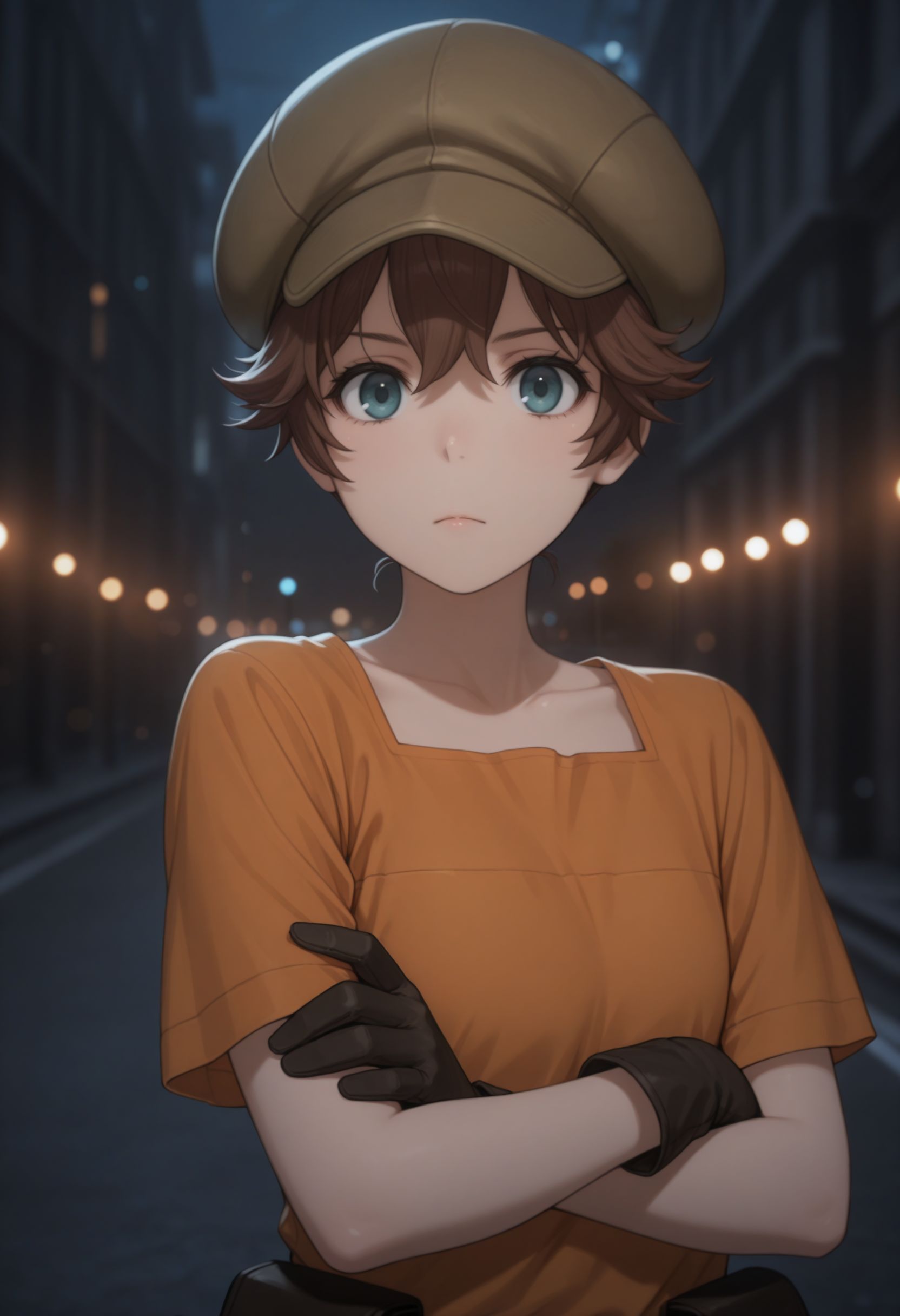 masterpiece,best quality,absurdres,highres,very aesthetic,high quality,detailed,insanely detailed,beautiful,perfect lighting, ,depth of field,blurry background,bokeh, looking at viewer, very aesthetic, 
very awa,
<lora:Yakumaru Itsuki illu:1> 1girl, brown hair, black gloves, cabbie hat, crossed arms, short hair, night, pouch, looking at viewer, orange shirt, short sleeves, closed mouth, outdoors, upper body
