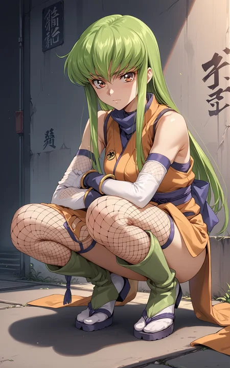 score_9,score_8_up,score_7_up,score_6_up,source_anime,1girl,c.c.,code geass,green hair,long hair,full body,pet colla,ninja,japanese clothes,fishnets,elbow gloves,squatting,tabi boots,<lora:tabi_pony-000015:0.4>,