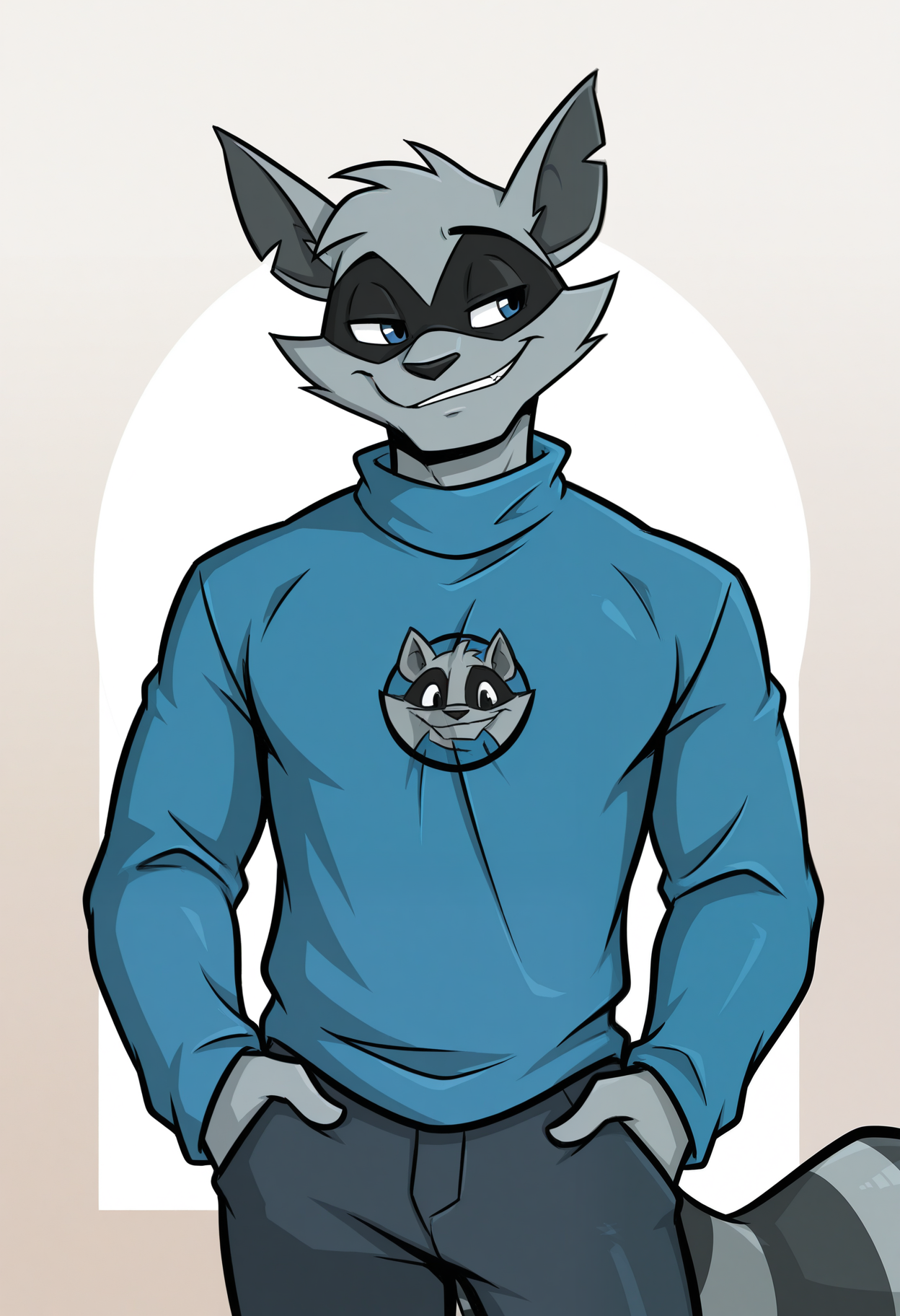 masterpiece,best quality,amazing quality, 1boy, solo, c00p3r, anthro raccoon, grey fur, blue eyes, eye mask, blue longsleeve shirt, smirk,