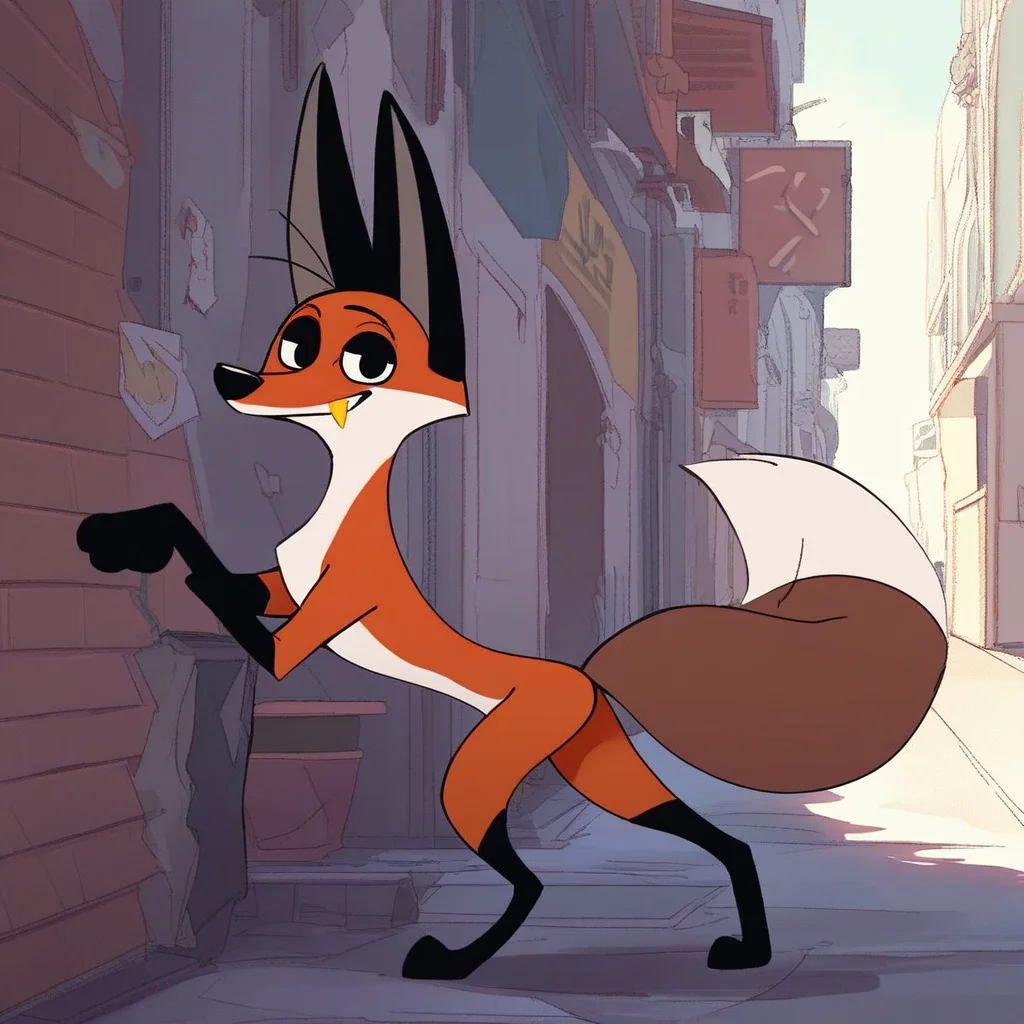 score_9, score_8_up, score_8, score_7, source_cartoon, source_furry, Solo, 1boy, feral, red fox, fox boy, red and white fur, puffy tail, black ears, black paws, black eyes, gold fang, slim body, full body, coy smile, standing, looking at viewer, alleyway setting, nighttime,