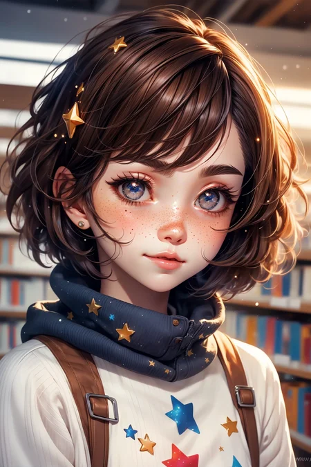 closeup, face, portrait, upper body,
freckles,
shy, blush,
(short brown hair:1.1),
(library:1.1),
(brown eyes:1.2),
cozy, detailed eyes, winter sweater,
<lora:more_details:0.35>
<lora:Cosmic anime-oil fusion v2:0.65>
<lora:AnimeVibesV3:0.5> animevibes,
<lora:3DMM_V11:0.5> 3DMM
<lora:midjourney_20230624181825:0.4> midjourney
<lora:LAS:0.35> cloud,colorful, starry,stars, shiny, shiny hair, shiny skin, shiny clothes