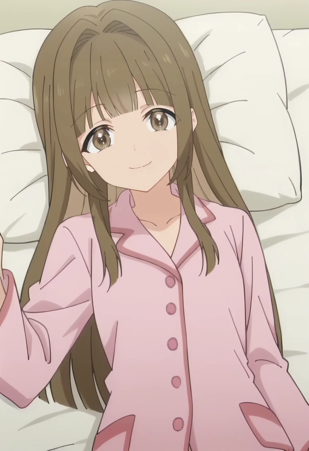 haruka katsuragi, 1girl, long hair, brown hair, solo, brown eyes, blunt bangs,        looking at viewer, smiling,    <lora:Haruka Katsuragi:0.9>    pajamas,pink pajamas, long sleeves,, score_9, score_7_up,anime coloring ,source_anime, anime, anime screencap