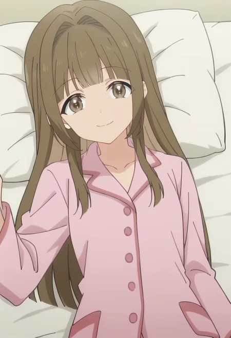 haruka katsuragi, 1girl, long hair, brown hair, solo, brown eyes, blunt bangs, looking at viewer, smiling, <lora:Haruka Katsuragi:0.9> pajamas,pink pajamas, long sleeves,, score_9, score_7_up,anime coloring ,source_anime, anime, anime screencap