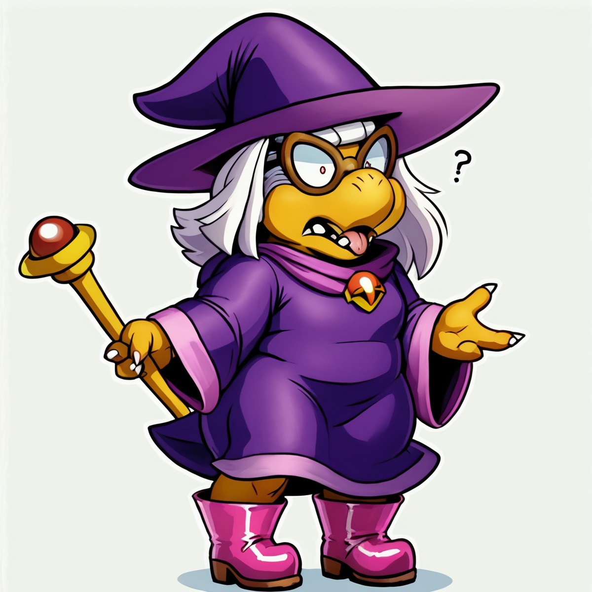 female,
<cartoon:1.5>,
<2d:1.5>,
kammy_koopa, granny_koopa, transparent background, solo, hat, witch hat,purple hat, purple robe, purple headwear, full body, white hair,  witch hat, holding, 1girl, wide sleeves, staff,boots,
<lora:Kammy_Koopa_Paper_Mario_Pony_SDXL:1> kammy_koopa <lora:90s4n1m3XLP:1> 90s4n1m3, dumb,
confused,
teeth,
tongue out,