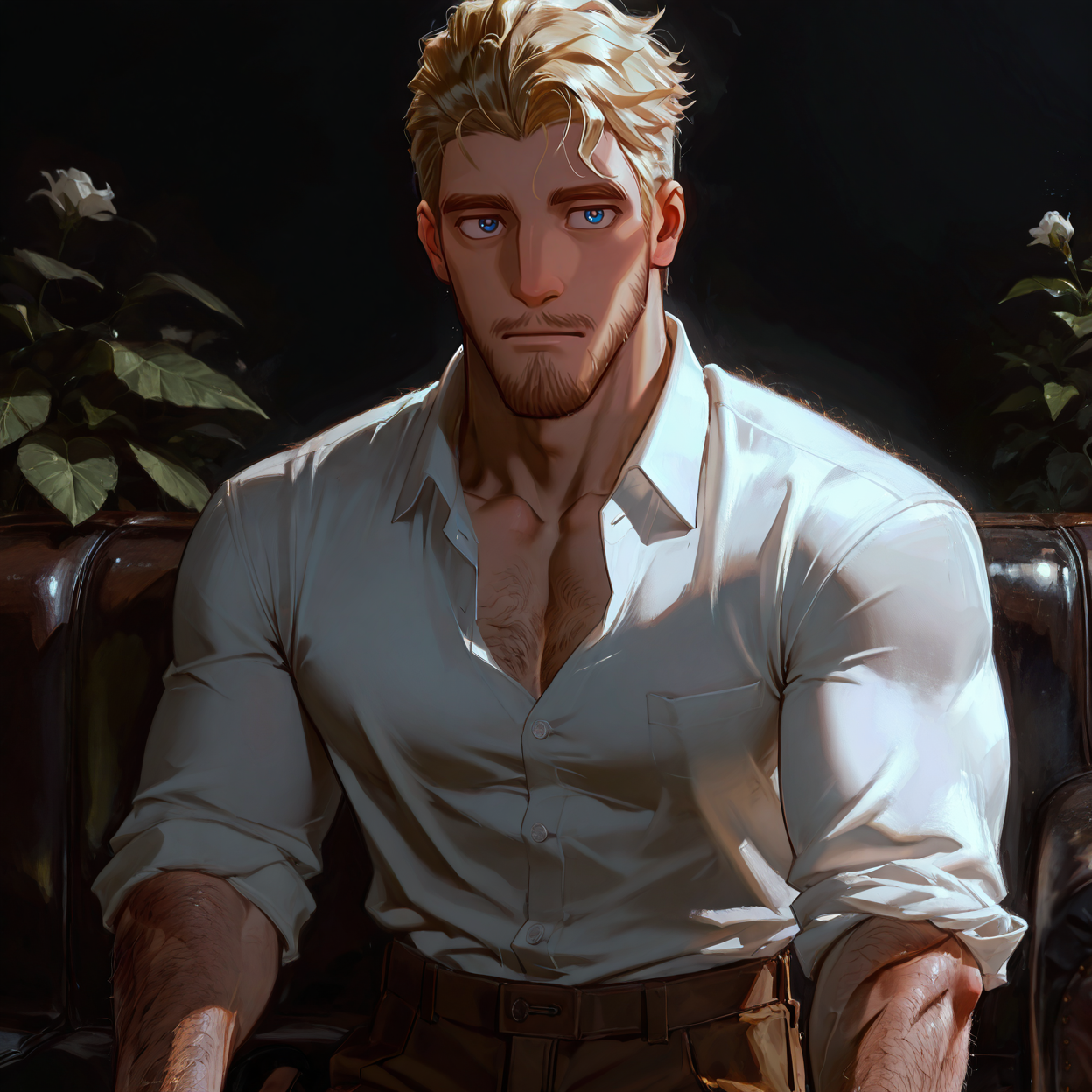 <lora:eefec0f9-17b1-4b6e-add5-f86ce8dc2553.TA_trained:.5>, coralscott,blonde hair,short hair,blue eyes,facial hair, white collared shirt, rolled-up_sleeves, brown pants, brown shoes,
upper body, 
(very short hair), male focus, muscular male, large pectorals, muscular male, bara, mature, (hairy body, hairy, body hair, arm hair, leg hair, hairy body, glossy skin, bara, mature, facial hair, beard, full beard, sideburn, mustache, stubble), facial hair, bara, mature, body hair, aixiwuganda_(20222192), very awa, masterpiece, best quality, absurdres, newest, perfect quality, detailed background, intricate details,<lora:slider_Body Type_alpha1.0_rank4_noxattn_last:2><lora:Anime Summer Days 2 Style SDXL_LoRA_Pony Diffusion V6 XL:.6><lora:merged:.7>, DARK, DARK BACKGROUND, LOW-KEY LIGHTING <lora:slider_cfg_scale_boost:.7><lora:Artist6p:.55>, Artist6p, Artist04p,<lora:slider_il_brightness_slider_d1:-.5><lora:slider_il_contrast_slider_d1:-.25>,<lora:slider_contract_controller_illus01_v1:.3>, <lora:addon_illustriousXLv01_stabilizer_v1.121:.5>,<lora:slider_DarkSlider1.2_alpha1.0_rank16_full_300steps:-.2><lora:Heavenly_Beauty_r1:1>, (heavenlybeauty,)<lora:slider_style_strength_controller_illus01_v1:.25>