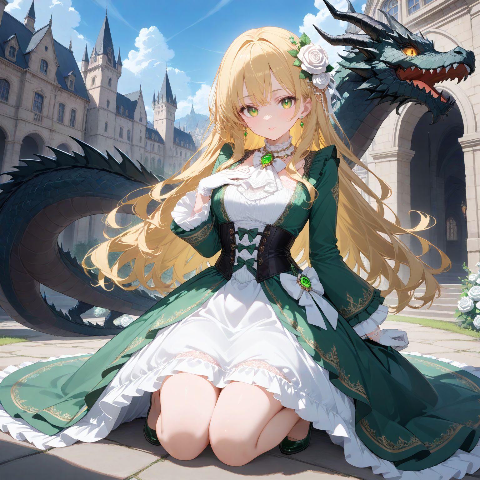 1girl,solo,
(score_9,score_8_up,score_7_up, source_anime,rating_all),
masterpiece,
BREAK
yellow_eyes_black_dragon,
hand on own chest,on one knee,
<lora:audrey-hall-green-lotm-pony6-xl-flyingdeer-v2.0:0.75>,
AndreyHall,
blonde hair,long hair,(wavy hair:1.05),
hair ornament,(hair flower, white rose),
green eyes,
necklace,jewelry,
(bow, white bow),
(gloves, white gloves),
green gemstone,
white ascot,
brooch,frills,lace trim,
(dress, green dress, white dress),
corset,
(long sleeves, wide sleeves),
european architecture,
