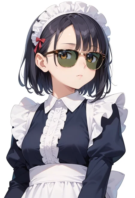score_9, score_8_up, score_7_up, rating_safe, masterpiece, best quality, absurdres, unity 8k wallpaper, official art, official style, source_anime, uncensored, game cg, megami magazine,
1girl, solo, black hair, medium hair, upper body, covered eyes,maid, maid headdress, black dress, maid apron, face focus,
sirmont, sunglasses, white background, simple background, reflection, glasses, english text, brown-framed eyewear, yellow-framed eyewear, two-tone eyewear, darkgreen-tinted eyewear, covered eyes,
<lora:glasses_clubmaster_PONY_V1:1>
