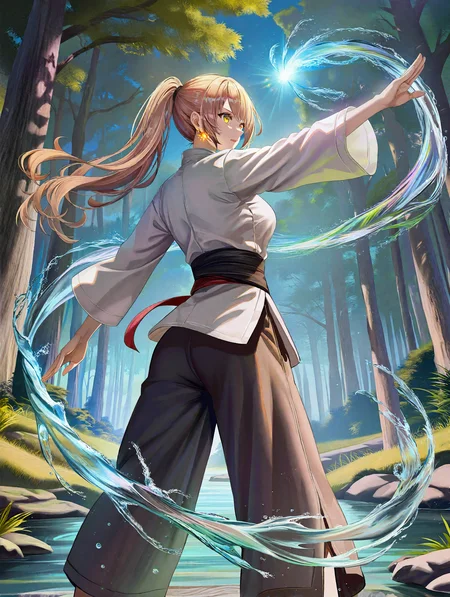 1girl, martial arts,  standing, hands, ponytail, long hair,  outdoors, scenery, forest, hydrokinesis, spell, water, flowing, glowing,
[achyue:0.4],[(momoko \momopoco\:0.8)::0.3], [torino aqua::0.5], kiniro tofu, [junpaku karen:0.5],[(leveen:0.7):0.6], sencha bashira, [takashia \(akimototakashia\):0.7],  (masaki nanaya:0.7),  nagi itsuki, [aoi sakura \(seak5545\):0.5],
masterpiece, best quality, very awa, absurdres, very aesthetic, high quality, newest, crisp, detailed skin texture,
<lora:NOOB_vp1_detailer_by_volnovik_v1:1>, <lora:ponyv6_noobV1_2_adamW:0.7>,   <lora:NOOBVP1_spirals_of_light_prod_v1:1>,